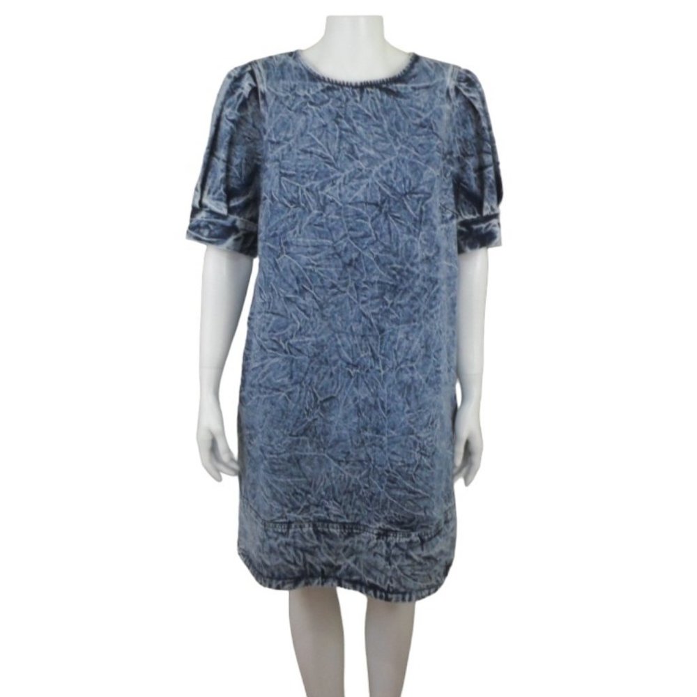 Who What Wear Puff Sleeve Knee Length Acid Wash Blue Denim Dress